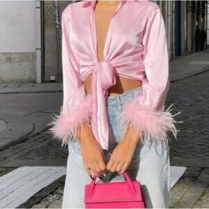 Pink Satin Blouse with Feather Cuffs